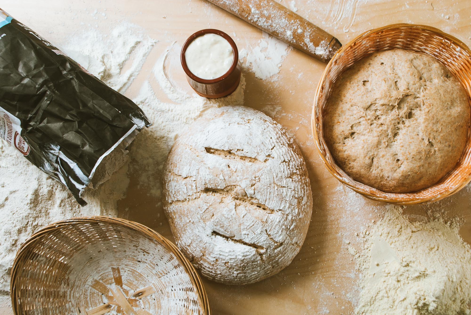 close-up of artisan bread and tools